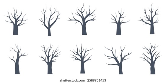 Collection of vector illustrations depicting various bare trees in winter with unique branch structures and heights