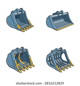 A collection of vector illustrations depicting various excavator attachments including standard, ditching, and sieve buckets for construction equipment.