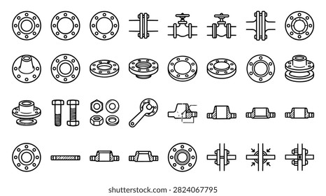 A collection of vector illustrations depicting various industrial pipe fittings, flanges, valves, and bolts for engineering and construction.