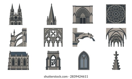 A collection of vector illustrations depicting various elements of gothic architecture including cathedrals windows gargoyles and spires