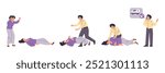 A collection of vector illustrations depicting a young girl during an epileptic seizure, with an emphasis on medical care and appropriate methods of care.