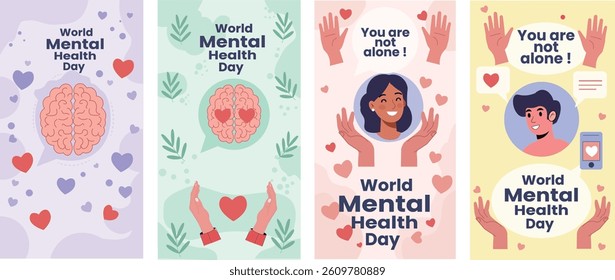 Collection of vector illustrations designed for World Mental Health Day. Features various designs promoting mental health awareness, including stylized brains, hearts, supportive hands