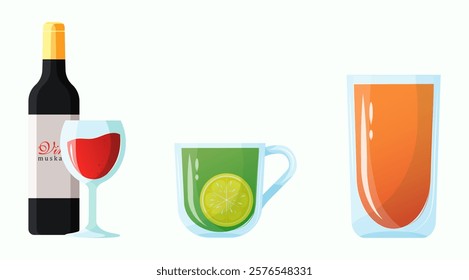 A collection of vector illustrations of different drinks: red wine served in a glass and bottle, hot tea with a lemon slice, and freshly squeezed orange juice in a tall glass.for designing menus