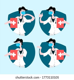 Collection of vector illustrations of a doctor's style and character using a mask examining and diagnosing patients.