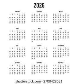 Collection of vector illustrations for each month in 2026 year . 2026 calendar template with every layout. eps 10 