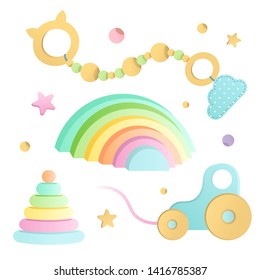 Collection of vector illustrations of eco natural wooden toys made as colorful rainbow and pyramid