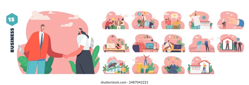 Collection Of Vector Illustrations Or Elements Depicting Business Concepts, Including People Shaking Hands, Meetings