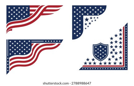 Collection of vector illustrations featuring American flag elements, including corner designs and a shield, ideal for patriotic themes and national holidays.