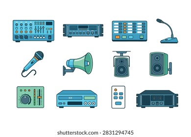 Collection of vector illustrations featuring audio mixers, microphones, speakers, amplifiers, and sound control devices for professional audio production.