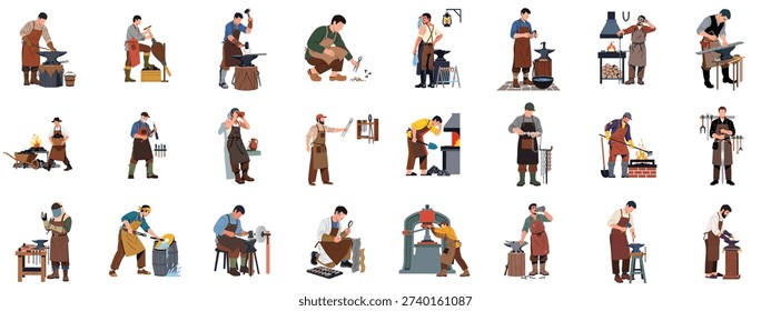 Collection of Vector Illustrations Featuring Blacksmiths and Metalworkers Engaged in Forging, Shaping Metal, and Performing Traditional Craftsmanship Tasks.