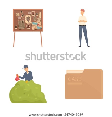 A collection of vector illustrations featuring a bulletin board, man standing, person sewing, and a file folder