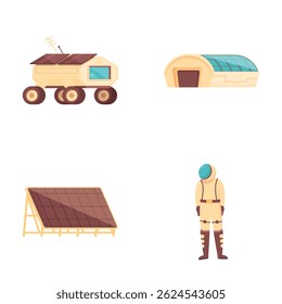 Collection of vector illustrations featuring elements related to life on mars, including a habitat, rover, solar panel, and astronaut