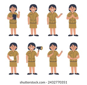 Collection of vector illustrations featuring a female civil servant in various poses, including holding a tablet, speaking, and gesturing, all presented in a standard khaki uniform, pns