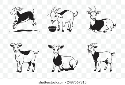 Collection of Vector Illustrations Featuring Goats with Black Coloring