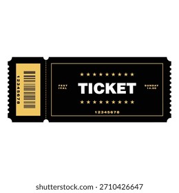 Una colección de Ilustraciones vectoriales con entradas modernas para eventos en varios estilos (oro negro, blanco negro, festival y formatos 'Day One') con códigos de barras, fechas y acentos de estrellas. Ideal para la música