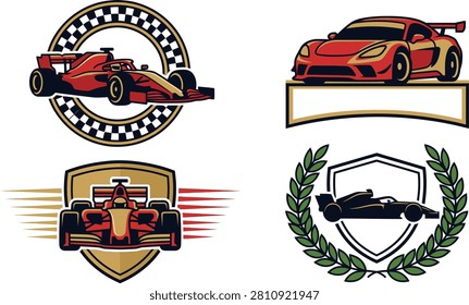 Collection of vector illustrations featuring race cars in shields and circular emblems for automotive branding and sports events.