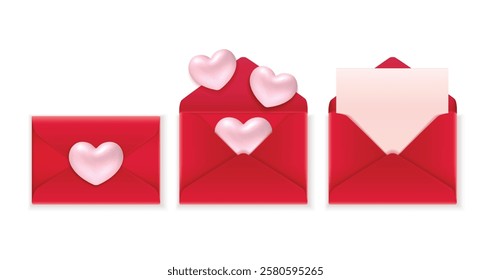 A collection of vector illustrations featuring red envelopes with 3D cartoon-style hearts. The envelopes are open and closed, with hearts popping out or floating around. 