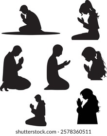 A collection of vector illustrations featuring the silhouette of a woman in various prayer positions The designs are minimalistic and elegant depicting devotion and spirituality Perfect for religious 