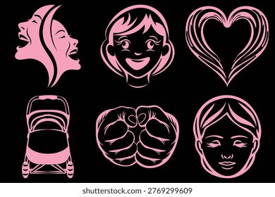 Collection of vector illustrations featuring various aspects of mothers and children, including emotional states, care, and family.