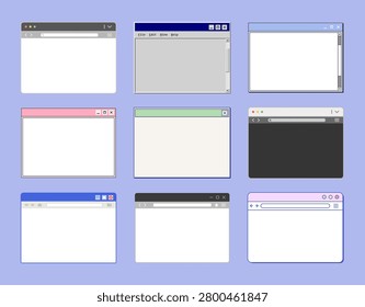A collection of vector illustrations featuring various internet browser windows. Computer system windows in various colors and shapes.