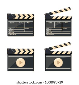 Collection of vector illustrations of film clapboards. Suitable for design elements from the filmmaking process, cinema promotion, new movies premier and video directing. Opened film clap.