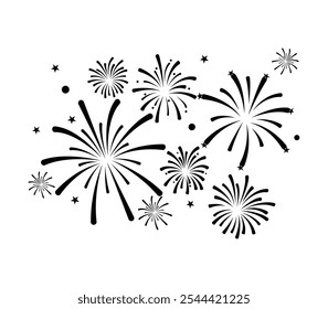 Collection of vector illustrations of fireworks, happy new year,festive fireworks display, a collection of black fireworks on White background, Christmas New Year fireworks explosion,