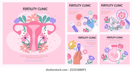 Uma coleção de ilustrações de Vetor com foco na clínica de fertilidade e saúde reprodutiva, apresentando elementos anatômicos e de diagnóstico com desenhos florais.