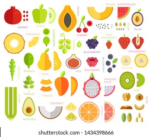 Collection vector illustrations of fruits and berries. Useful food for health lifestyle. Vegan and vegetarian. Ingredients for smoothie . White isolated, flat design, minimal trendy style.