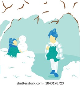 a collection of vector illustrations of girls running in the snow and other girls playing snowman in winter