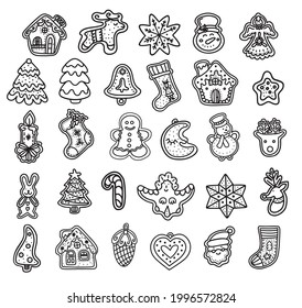 Collection of vector illustrations of graphic icons of traditional Xmas gingerbread cookies of various shapes