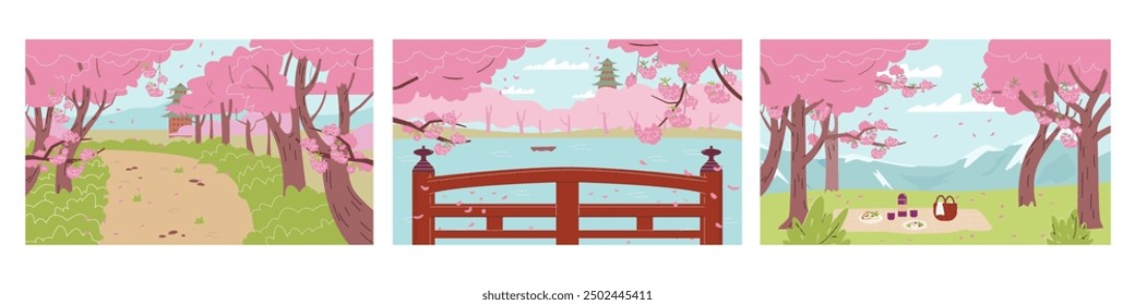 Collection of vector illustrations of the Hanami spring landscape. Sakura trees are in full bloom, their delicate petals fluttering over a traditional Japanese park