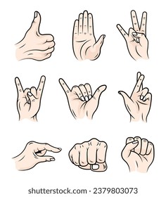 Collection of vector illustrations of hand gestures on a white background. svg