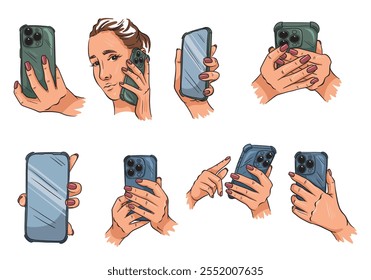 Uma coleção de ilustrações vetoriais de mãos segurando um smartphone de diferentes ângulos, mostrando gestos e uso do telefone em um fundo branco.