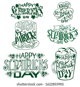 Collection of Vector illustrations: handwritten elegant modern brush lettering composition of Happy St. Patrick's Day on a white background. The composition of the font with the ribbon . Retro style.