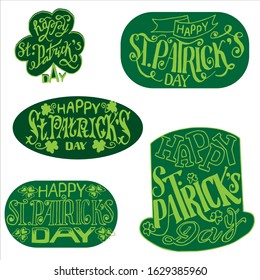 Collection of Vector illustrations: handwritten elegant modern brush lettering composition of Happy St. Patrick's Day on a white background. The composition of the font with the ribbon. Retro style.