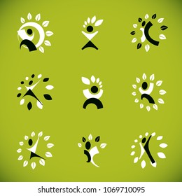 Collection of vector illustrations of happy abstract human with raised hands up. Phytotherapy metaphor, vector graphic emblem.