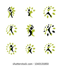 Collection of vector illustrations of happy abstract human with raised hands up. Phytotherapy metaphor, vector graphic emblem.