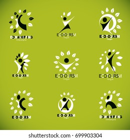 Collection of vector illustrations of happy abstract human with raised hands up. Downshifting concept graphic icon.