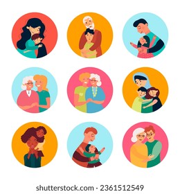 Collection of vector illustrations of happy family. Relatives hug concepts on a white background.