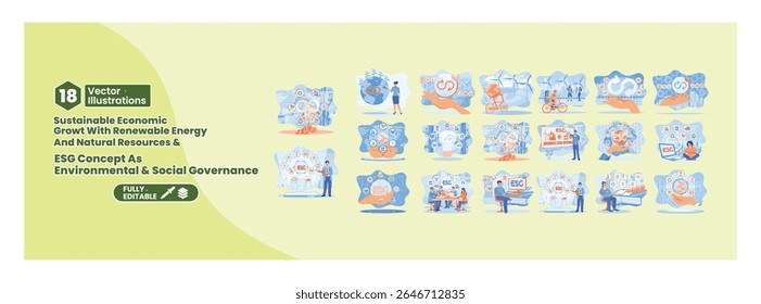 A collection of vector illustrations highlighting sustainable energy, resources, and governance. Featuring renewable energy, ESG, and economic growth. Mega set.