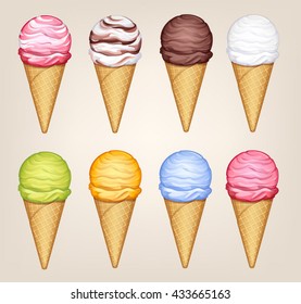 Collection of vector illustrations of ice cream in a waffle cone on a light background