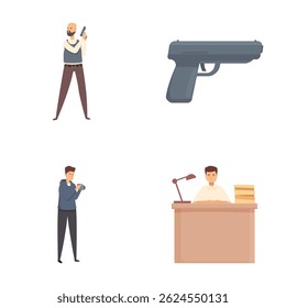 Colección de Ilustraciones vectoriales como un abogado, un puesto de testigos, una pistola y un guardia de seguridad