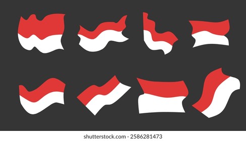 A collection of vector illustrations of the Indonesian flag in various shapes and positions. Ideal for national events, Independence Day, and official Indonesian celebrations.
