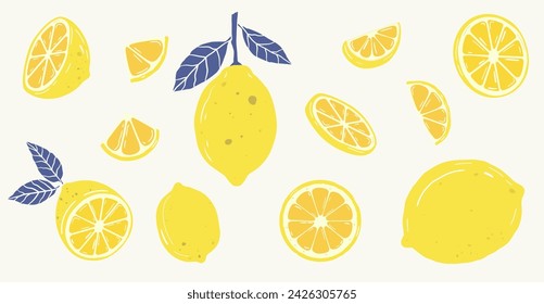 collection of vector illustrations of lemons and various lemon slices in retro and vintage style. minimalist design isolated on white background. fresh fruit