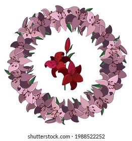 Colección de ilustraciones vectoriales de flores de lirio aisladas en fondo blanco. Una hermosa corona de mantas y hojas para naipes, envolturas de caramelos, textiles.
