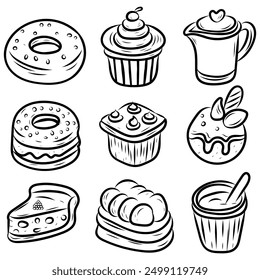Collection of vector illustrations in line art style of hand-drawn food sweets, cakes, ice cream, cupcake