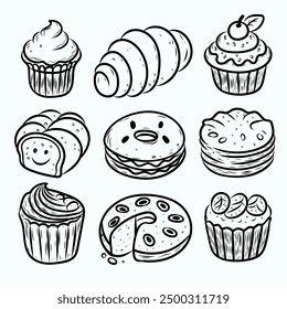 Collection of vector illustrations in line art style of hand-drawn food sweets, cakes, ice cream, cupcake
