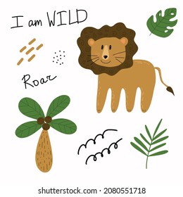 Collection of vector illustrations of lion, palm, monstera and Scandinavian elements. 