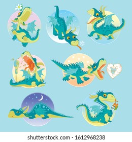 Collection of vector illustrations. The little dragon sings, has fun, plays, sleeps, congratulates, walks. Design for print, stickers.