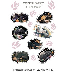 Collection of vector illustrations. The little dragons are sleeping. Design for printing, stickers.